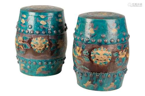 PAIR OF FAHUA TURQUOISE-GROUND BARREL-SHAPED GARDEN SEATS, MING DYNASTY, 16TH CENTURY