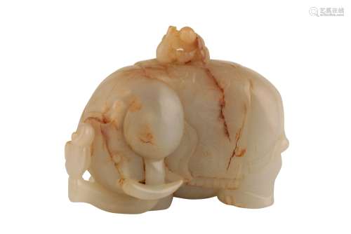 CELADON AND RUSSET JADE 'ELEPHANT AND BOY' GROUP, MING OR LATER