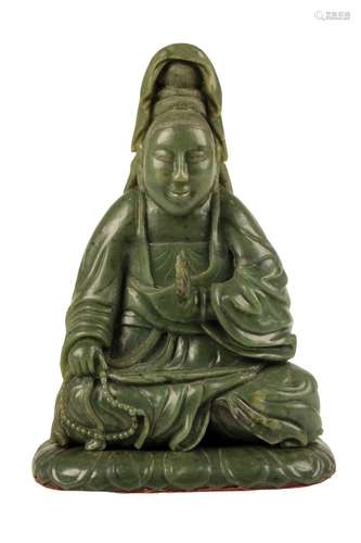 DARK GREEN 'SPINACH' JADE SEATED GUANYIN FIGURE