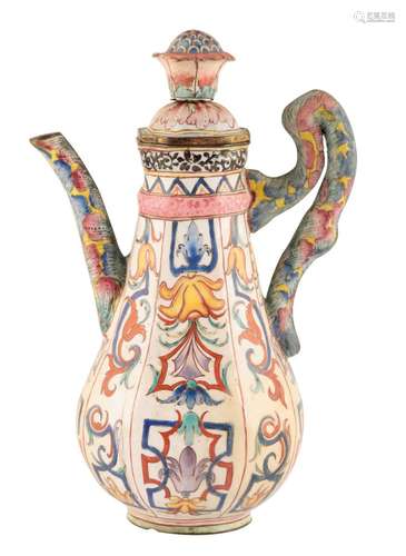 RARE CANTON ENAMEL IBERIAN-STYLE POLYCHROME EWER, YONGZHENG / QIANLONG PERIOD