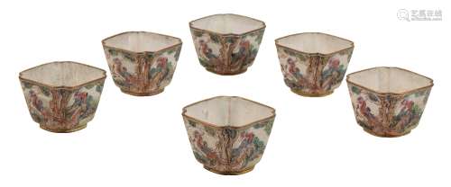 SET OF SIX CANTON ENAMEL SQUARE-SECTION WINE CUPS, QIANLONG PERIOD