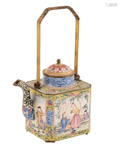 CANTON ENAMEL SQUARE-SECTION EUROPEAN-SUBJECT TEAPOT, QIANLONG PERIOD