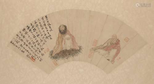 WOU ZUERN, CHINESE FAN PAINTING, Depicting two seated immortals beside a calligraphic poem