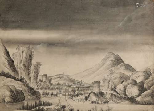 CHINESE SCHOOL (early 19th century) The Great Wall of China with figures in the foreground