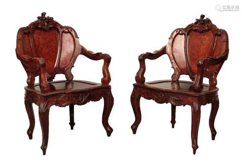 FINE PAIR OF CARVED HARDWOOD AND BURRWOOD ARMCHAIRS, QING DYNASTY, 19TH CENTURY