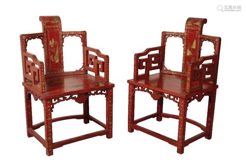 PAIR OF RED LACQUER ARMCHAIRS, LATE QING DYNASTY