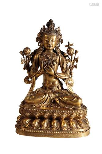 FINE GILT-BRONZE FIGURE OF MANJUSHRI, YONGLE MARK AND OF THE PERIOD