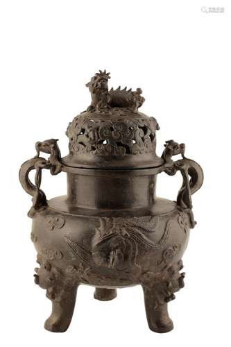 BRONZE 'PHOENIX AND DRAGON' CENSER AND COVER, QING DYNASTY, 19TH CENTURY