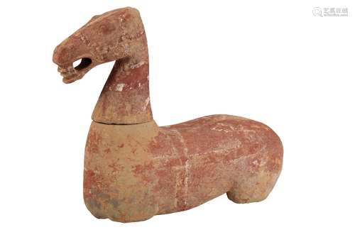 LARGE PAINTED POTTERY HORSE TORSO AND HEAD, HAN DYNASTY