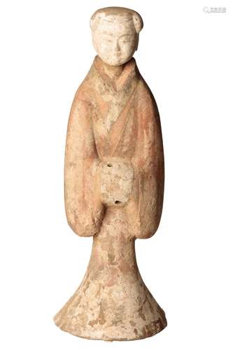 LARGE PAINTED POTTERY FIGURE OF A SLEEVE DANCER, HAN DYNASTY