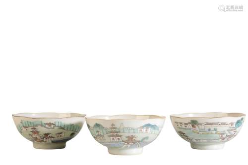 SET OF THREE FAMILLE ROSE LANDSCAPE BOWLS, DAOGUANG RED SEAL MARK AND OF THE PERIOD