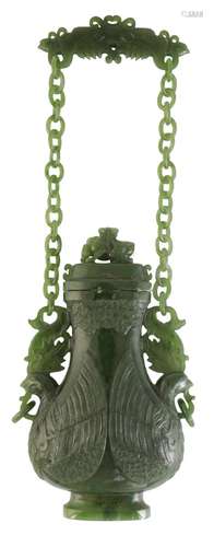 SPINACH JADE HANGING 'PHOENIX' VASE, LATE QING DYNASTY