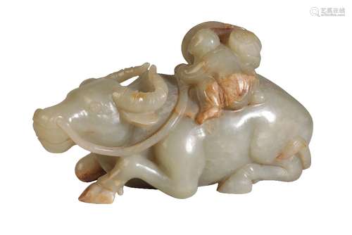 CARVED CEALDON JADE 'BOY AND BUFFALO' GROUP, LATE QING / REPUBLIC PERIOD