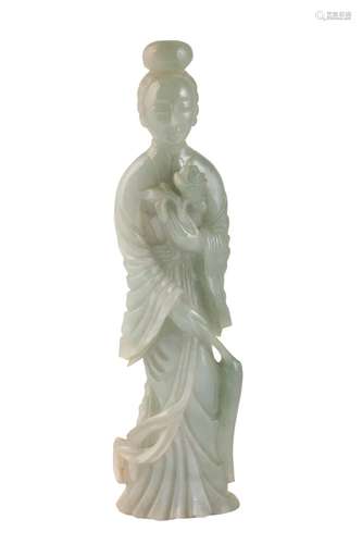 CARVED JADEITE FIGURE OF GUANYIN, LATE QING / REPUBLIC PERIOD