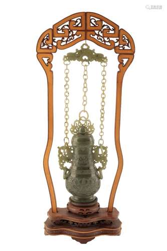 SPINACH JADE HANGING VASE ON WOODEN STAND, REPUBLIC PERIOD