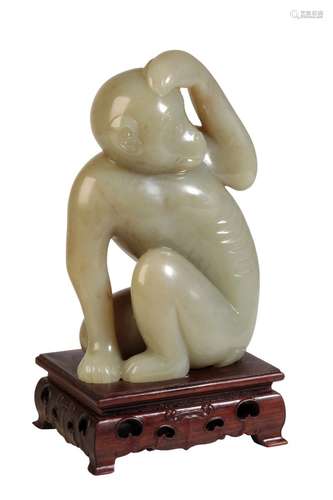 LARGE CARVED CELADON JADE MONKEY, REPUBLIC PERIOD OR LATER