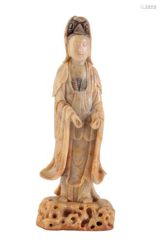 CARVED AND PAINTED SOAPSTONE FIGURE OF GUANYIN, QING DYNASTY, 19TH CENTURY