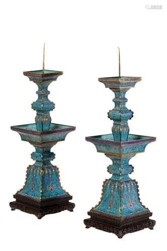 IMPRESSIVE PAIR OF ENAMEL PRICKET CANDLESTICKS, QIANLONG PERIOD