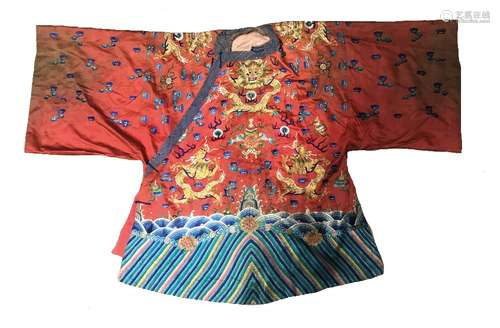 RED SILK EMBROIDERED 'DRAGON' ROBE, QING DYNASTY, 19TH CENTURY