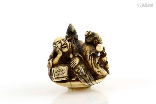 An ivory netsuke of three men in a massive sakazuki, possibly in a parody of The Three Sake Tasters,