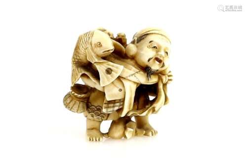 A stained ivory netsuke of Ebisu with a sack of Tai Fish, signed ShigyokuProvenance: The Property of