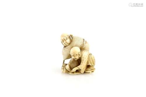 An ivory netsuke of two blind masseurs; one holding a staff with both hands and the other tying up