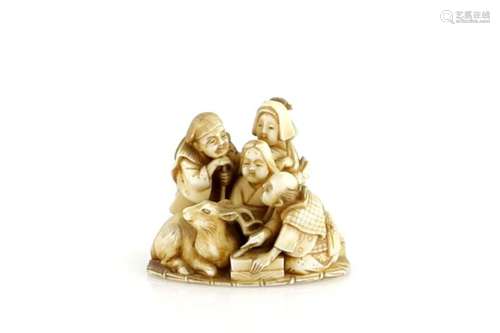 An ivory netsuke of Okame at the centre of a family group with a recumbent deer, Meiji