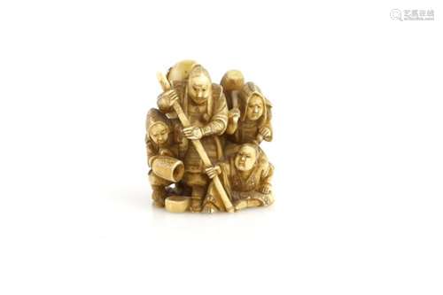 An ivory netsuke carved as a group of five Samurai, or other figures, led by a Samurai holding a