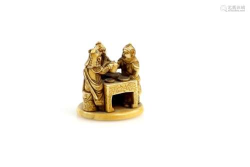 A stained ivory netsuke with single himotoshi, carved as The Three Sake Tasters in a parody of The