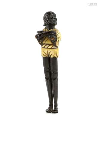 A tall ivory and black figure netsuke with himotoshi on the back, possibly intended as a parody of