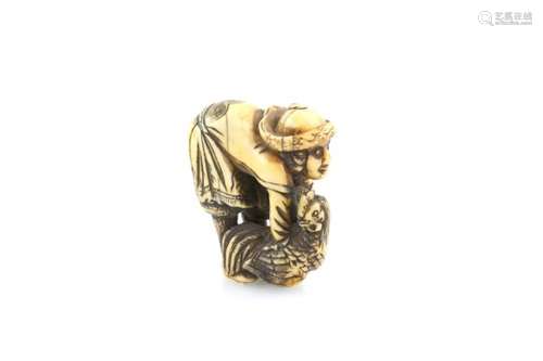 A stained ivory netsuke of a Dutchman from Deshima Island in Nagasaki Bay, picking up a chicken, 4cm