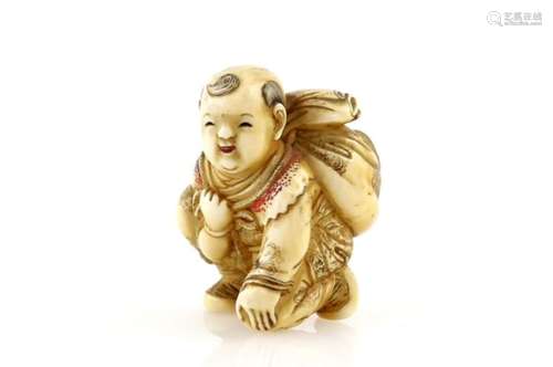 An ivory netsuke of a boy with a sack, signed HoryuProvenance: The Property of a Lady. From a