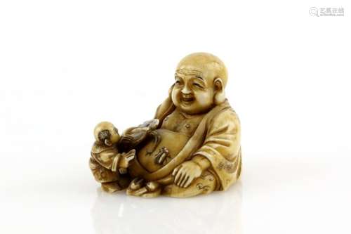 A stained ivory netsuke of Hotei, seated with a boy, un-signedProvenance: The Property of a Lady.