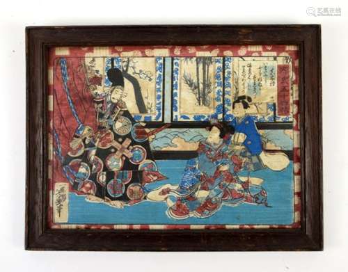 An Utagawa School print of a narrative scene, roughly chuban at 23.5 x 17 cm, framed and glazed;