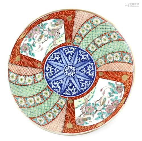 A Japanese Imari dish decorated with fan-shaped panels of kacho-ga with an underglaze blue