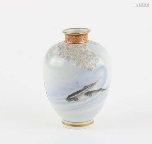 A small Fukagawa vase decorated with two carp swimming through a shaded pool; the base with