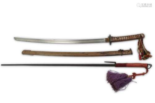 A MILITARY SWORD AND A JUTTE (JITTE). Showa period. A katana with shinogizukuri and kissaki,
