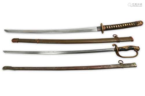TWO MILITARY SWORDS (GUNTO). Showa period. The blade with a groove, mounted in a metal military