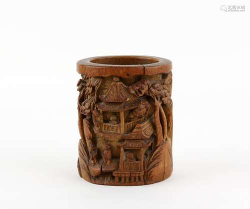 A bamboo bitong of typical circular form carved with scholars in a typical mountainous retreat, 12.5