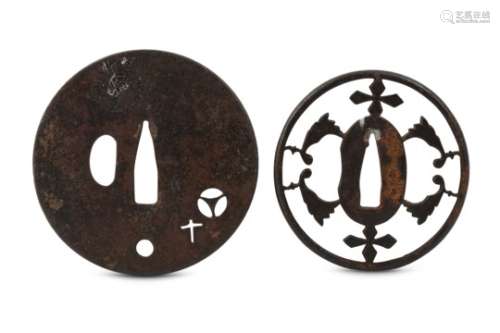 TWO IRON KAKURE KIRISHITAN (HIDDEN CHRISTIAN) TSUBA. Edo period. A circular sukashi tsuba with cross