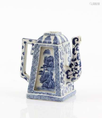 A blue an white wine ewer of trapezoid form, decorated on two panels with mountainous landscapes;