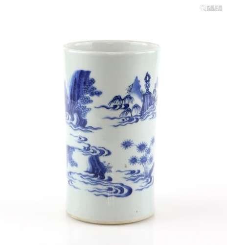 A Transitional style blue and white bitong with unglazed base; decorated on the exterior with a