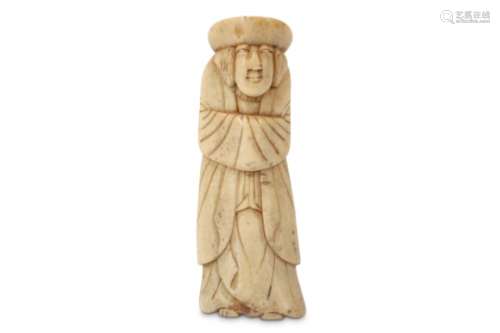 A BONE NETSUKE OF A MERCHANT. Edo period. Carved as a Dutchman in a long robe and a hat, standing