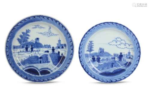 TWO ARITA DISHES. Edo period (18th century). Each decorated in underglaze blue in the manner of