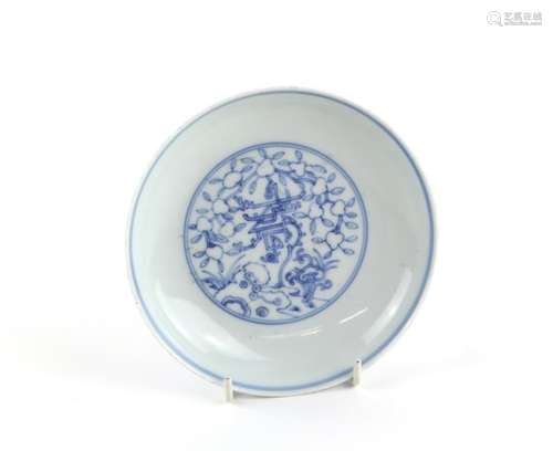 A small blue and white saucer dish decorated on the obverse with a design of fruit; the base with