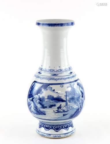 A large blue and white vase, decorated with panels depicting scholars in mountainous river