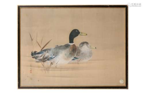 A PAIR OF FRAMED PAINTINGS. Meiji period. Painted in ink and colour on silk, with Mandarin ducks