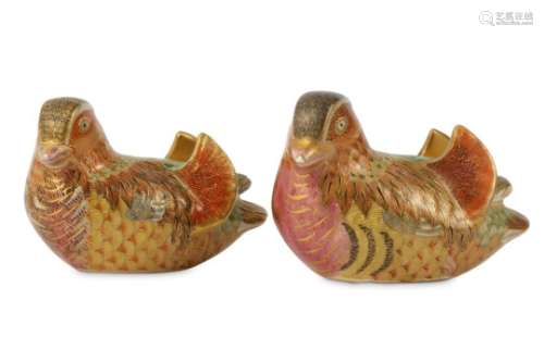 A PAIR OF SATSUMA MANDARIN DUCKS. Meiji Period. Finely painted in enamels and gilt modelled as