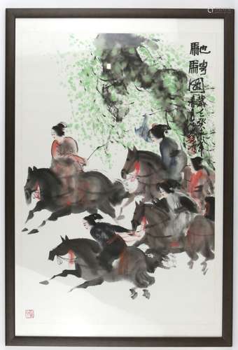 A Chinese Equestrian picture of five galloping riders; the right hand with two red seals beside an