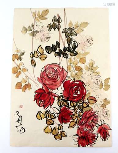 Chinese School. Red Roses with foliage. Watercolour/ink. Signed in characters beneath a red seal;.